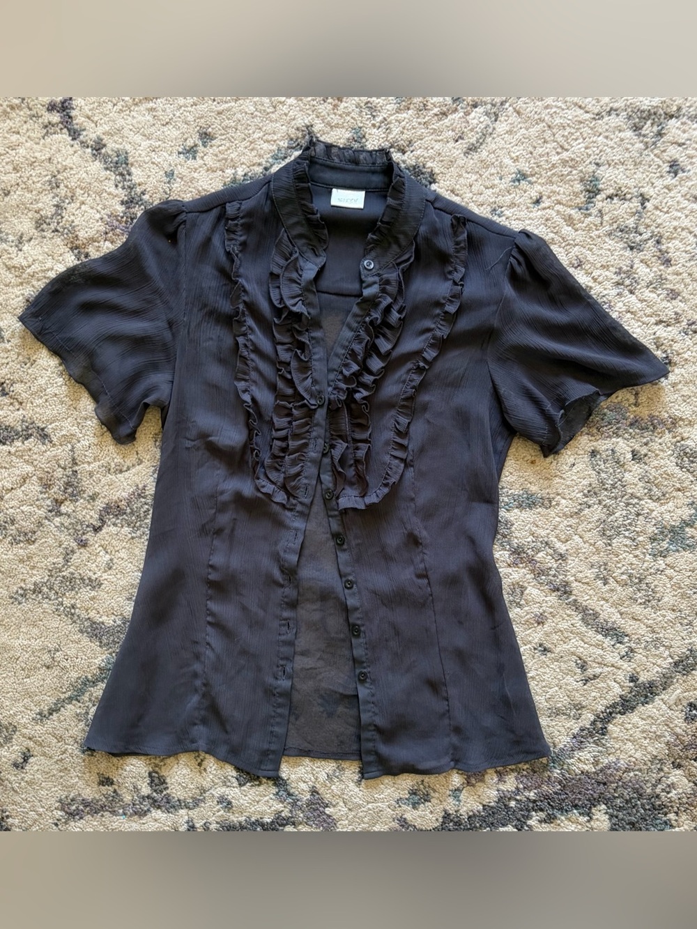 Vintage Suzy Shier Sheer Mesh Ruffle Toe Back Babydoll Blouse - Picture 2 of 4